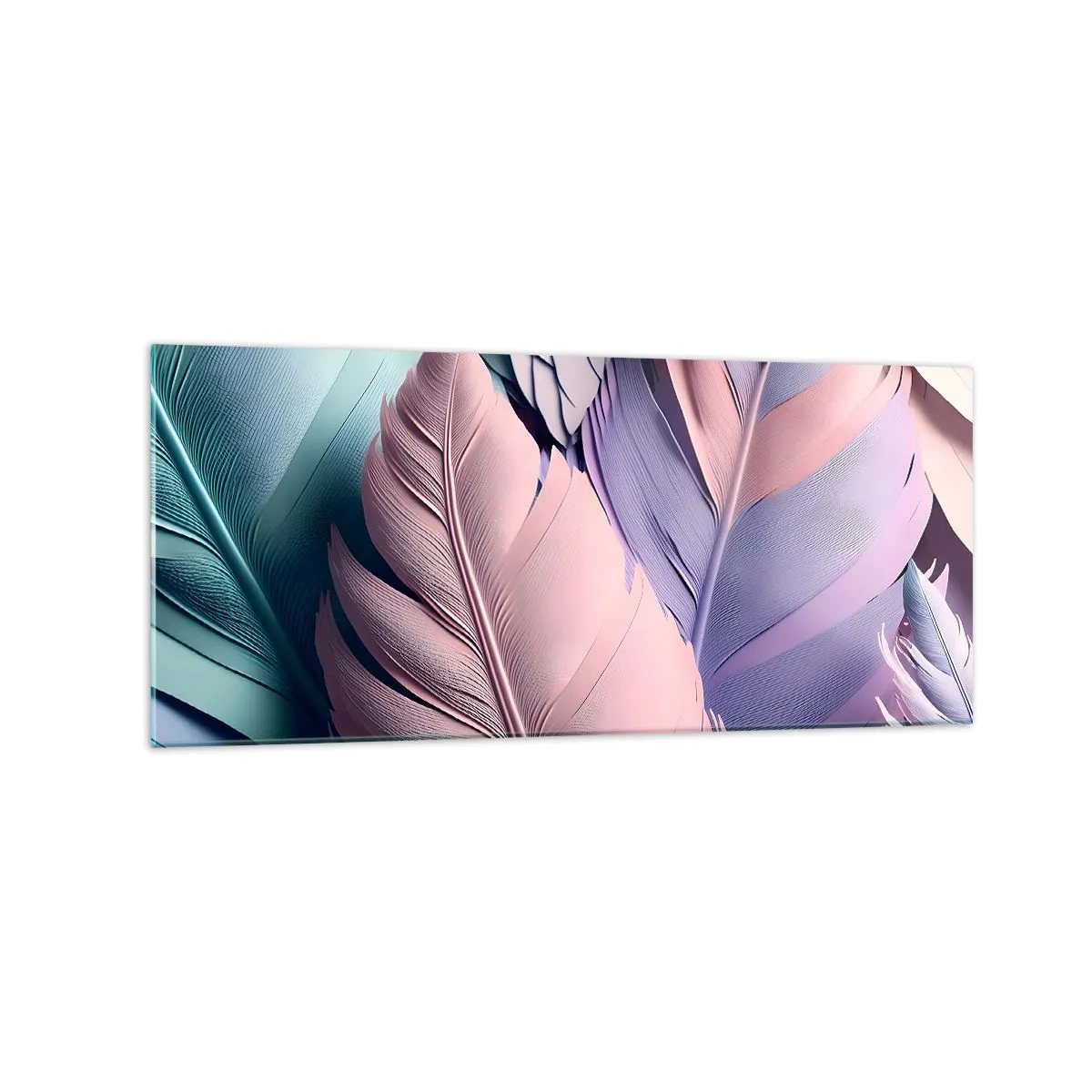 Glasbild - Bild auf glas - Bunte Federn in Pastelltönen auf hellem Hintergrund - 120x50cm - Vogel-Chic - Moderne Wanddekoration für Wohnzimmer und Schlafzimmer ARTTOR