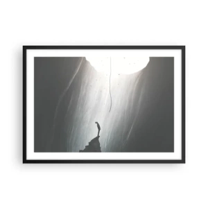 Poster in einem schwarzem Rahmen - Silhouette eines Mannes auf dem Boden einer Höhle mit Blick auf das Licht - 70x50cm - Es gibt immer einen Ausweg - Moderne Wanddekoration für Wohnzimmer und Schlafzimmer ARTTOR