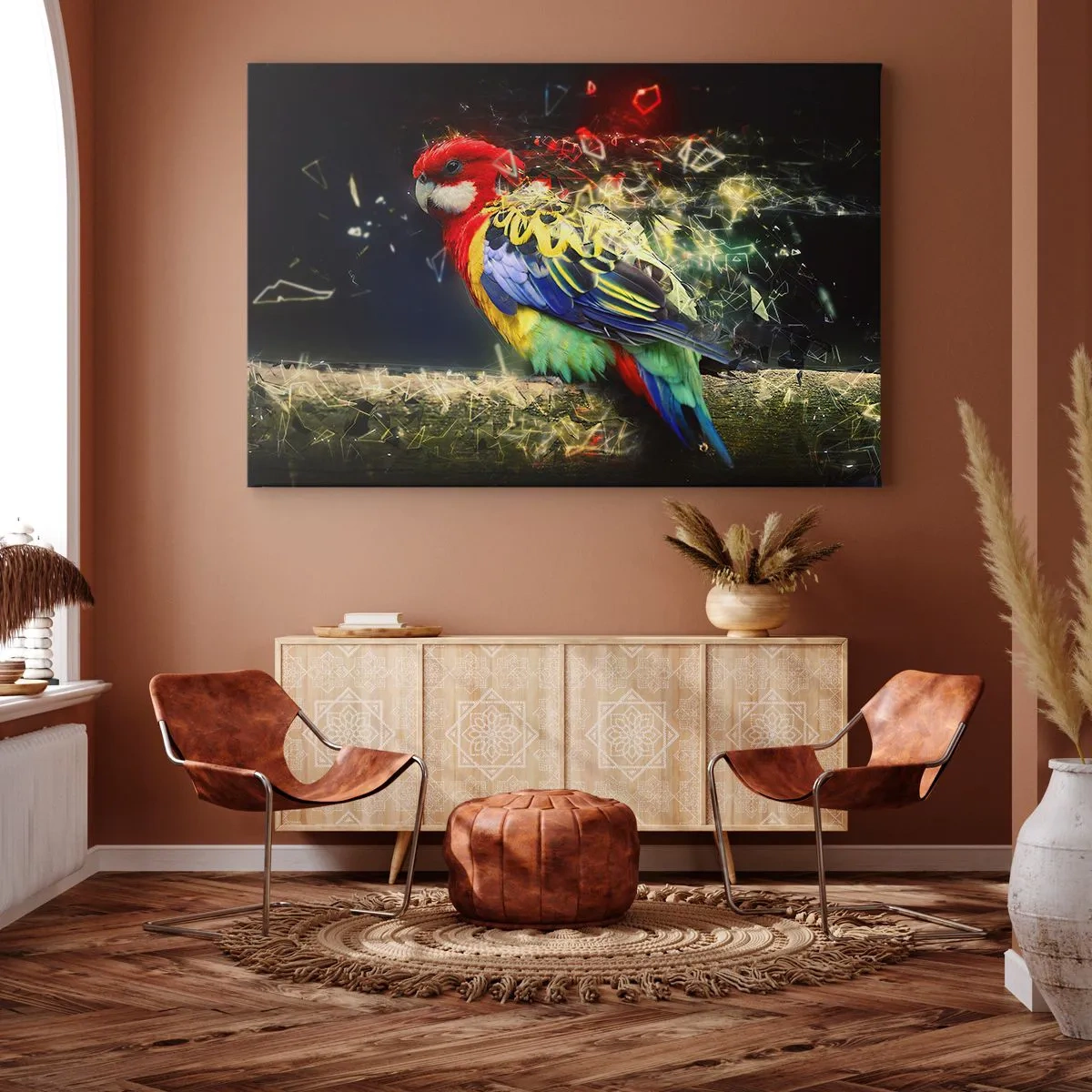 Bild auf Leinwand - Leinwandbild - Ein Papagei in leuchtenden Farben vor einem Hintergrund aus Lichteffekten - 120x80cm - Botschafter des Strahlens - Moderne Wanddekoration für Wohnzimmer und Schlafzimmer ARTTOR