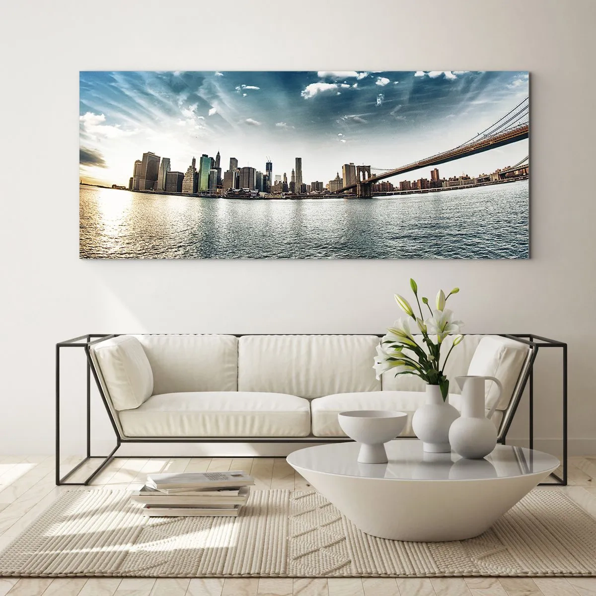 Glasbild - Bild auf glas - Panorama der Stadt mit einer Brücke vor dem blauen Himmel - 160x50cm - Glasinsel - Moderne Wanddekoration für Wohnzimmer und Schlafzimmer ARTTOR