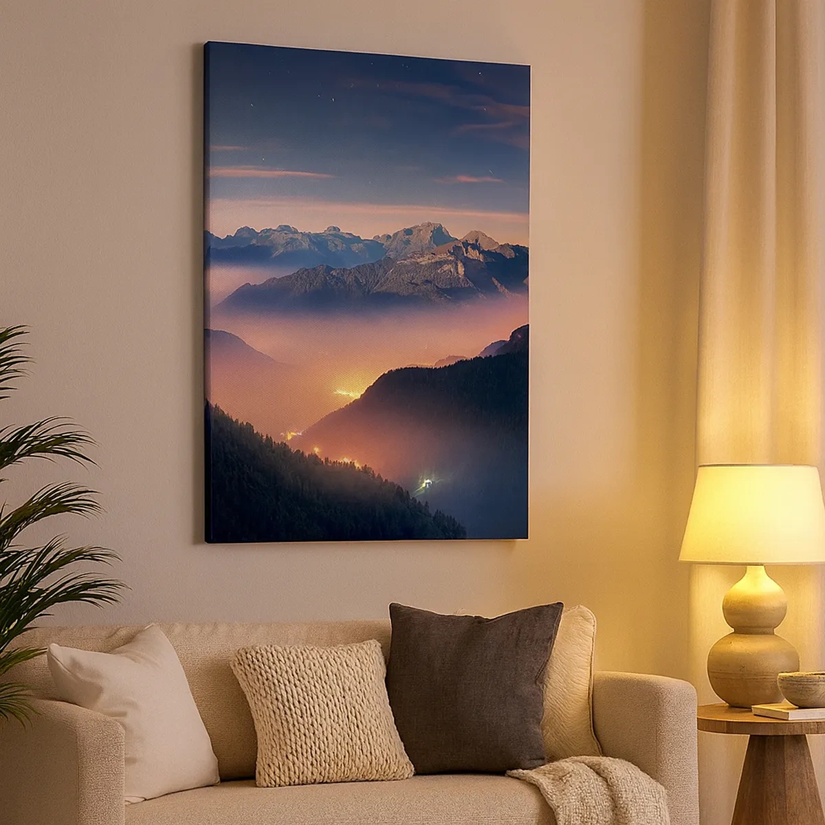 Bild auf Leinwand - Leinwandbild - Eine Berglandschaft mit einem nebelverhangenen Tal - 50x70cm - Licht in den Tälern - Moderne Wanddekoration für Wohnzimmer und Schlafzimmer ARTTOR
