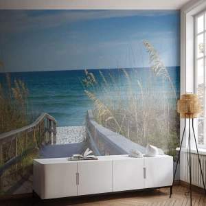 Fototapete Premium Sand - Holzweg zum Sandstrand - 100x70cm - In der Sonne, im Wind - Moderne Wanddekoration für Wohnzimmer und Schlafzimmer ARTTOR