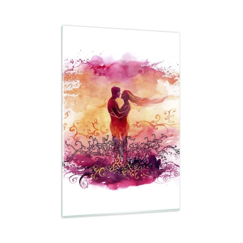 Glasbild - Bild auf glas - Ein Paar umarmt sich vor einem abstrakten rosa und orangefarbenen Muster - 80x120cm - Ein Herz! ich brauche so wenig... - Moderne Wanddekoration für Wohnzimmer und Schlafzimmer ARTTOR