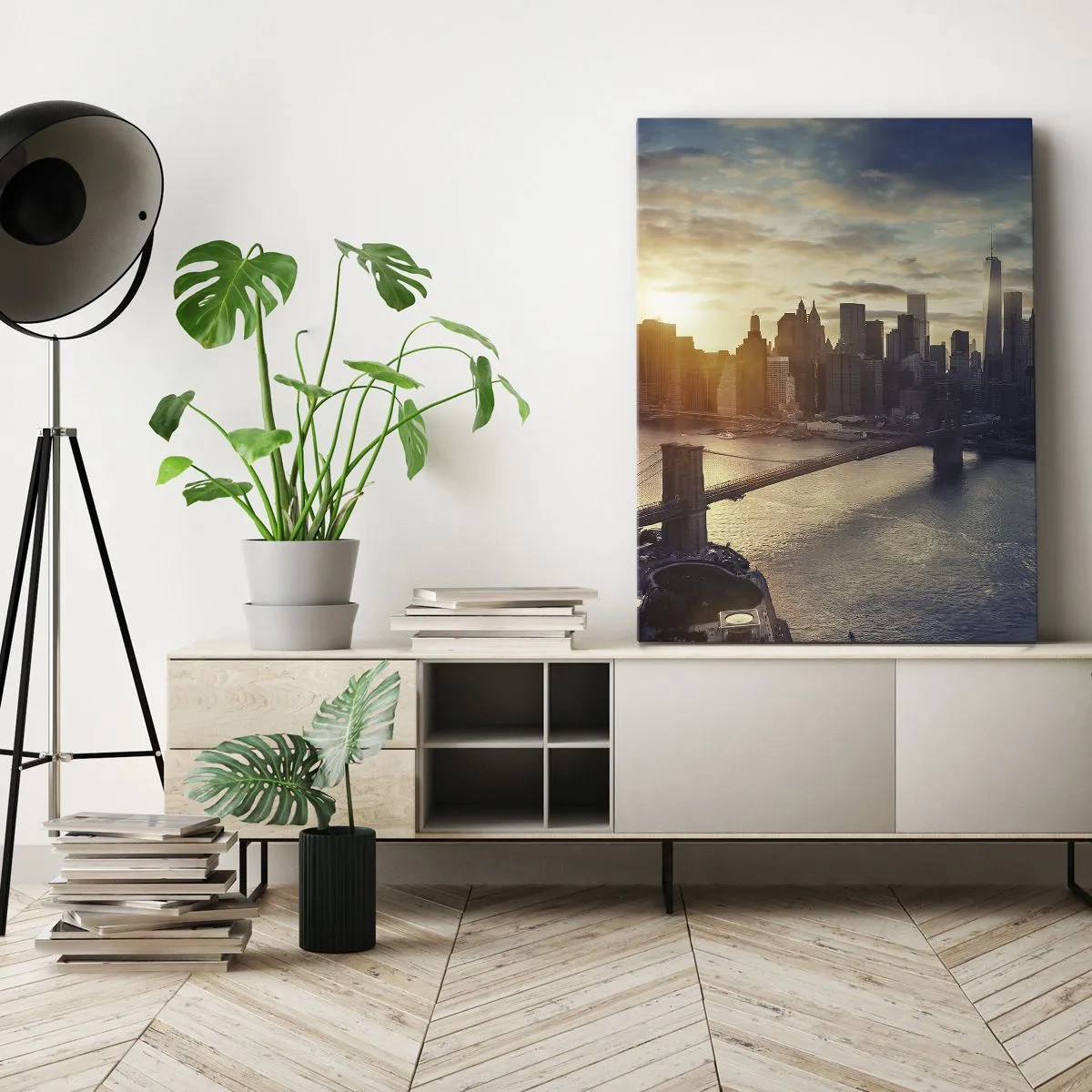 Bild auf Leinwand - Leinwandbild - Panorama der Stadt mit der Brücke und dem Fluss im Licht der untergehenden Sonne - 80x120cm - Westliches Kulturdenkmal - Moderne Wanddekoration für Wohnzimmer und Schlafzimmer ARTTOR