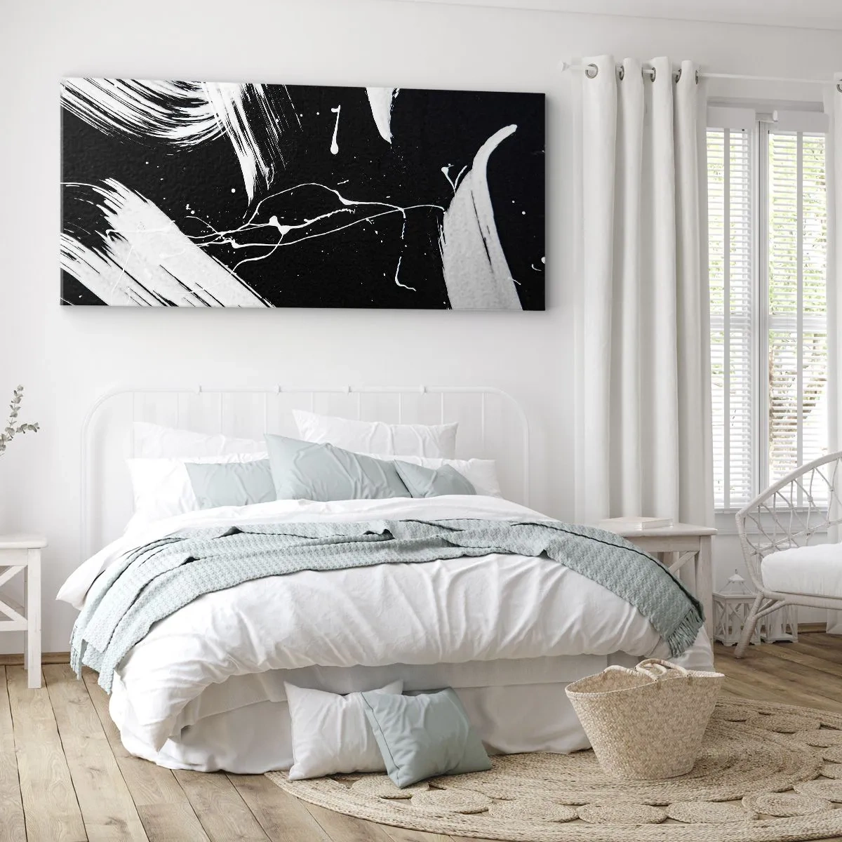 Bild auf Leinwand - Leinwandbild - Abstrakte weiße Striche auf schwarzem Hintergrund - 160x50cm - Dunkelheit durchbrechen - Moderne Wanddekoration für Wohnzimmer und Schlafzimmer ARTTOR