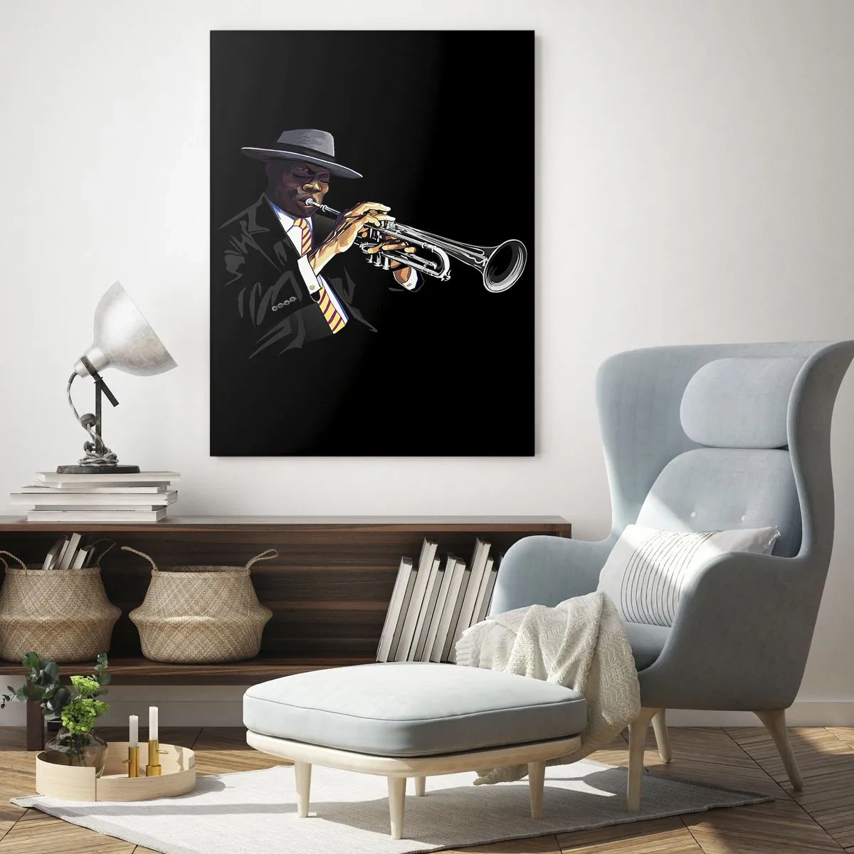 Glasbild - Bild auf glas - Ein Musiker spielt Trompete vor schwarzem Hintergrund - 80x120cm - Charme der alten Schule - Moderne Wanddekoration für Wohnzimmer und Schlafzimmer ARTTOR