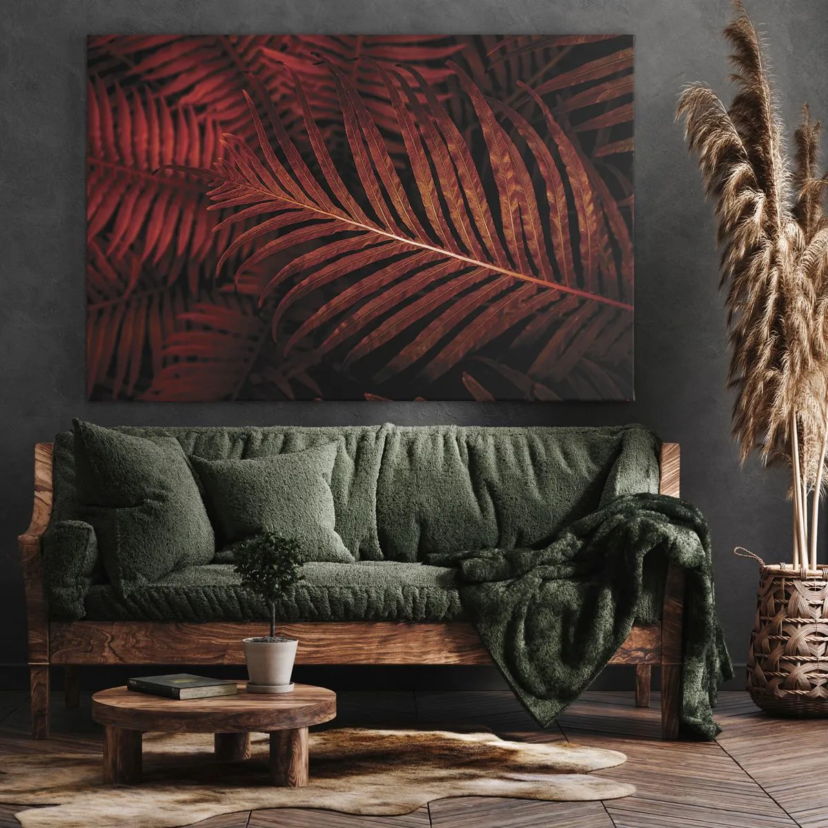 Bild auf Leinwand - Leinwandbild - Nahaufnahme von roten tropischen Blättern - 120x80cm - Die Hitze des Lebens - Moderne Wanddekoration für Wohnzimmer und Schlafzimmer ARTTOR