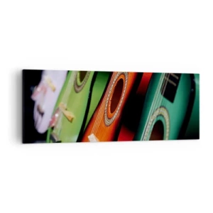 Bild auf Leinwand - Leinwandbild - Bunte Gitarren in verschiedenen Farbtönen in einer Reihe angeordnet - 140x50cm - Die Gitarre hat viele Farben - Moderne Wanddekoration für Wohnzimmer und Schlafzimmer ARTTOR