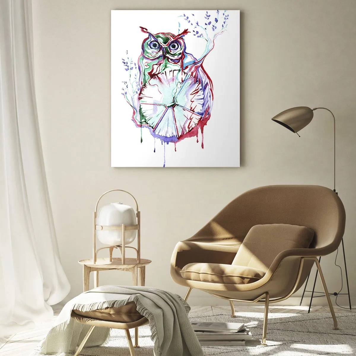 Glasbild - Bild auf glas - Abstrakte Eule in einer farbenfrohen Aquarellkomposition - 50x70cm - Von Natur aus klug - Moderne Wanddekoration für Wohnzimmer und Schlafzimmer ARTTOR