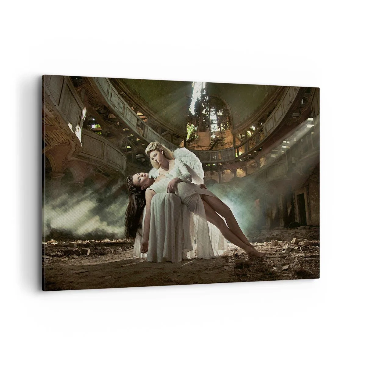 Bild auf Leinwand - Leinwandbild - Zwei Figuren in Ruinen mit Lichtspiel - 120x80cm - Der Geist des alten Theaters - Moderne Wanddekoration für Wohnzimmer und Schlafzimmer ARTTOR