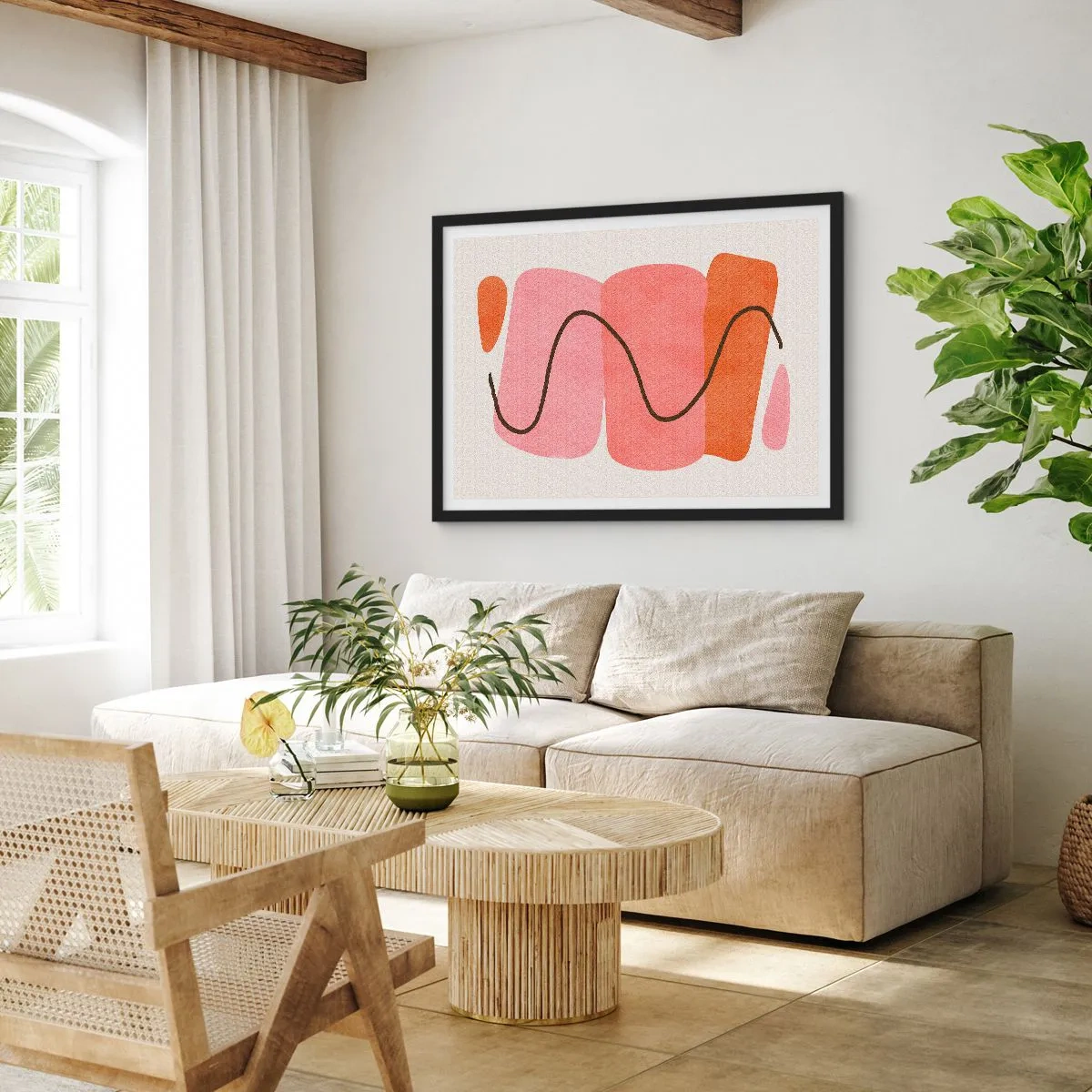 Poster in einem schwarzem Rahmen - Abstrakte Formen in Rosa- und Orangetönen - 100x70cm - Sanfte Bewegung der Formen - Moderne Wanddekoration für Wohnzimmer und Schlafzimmer ARTTOR
