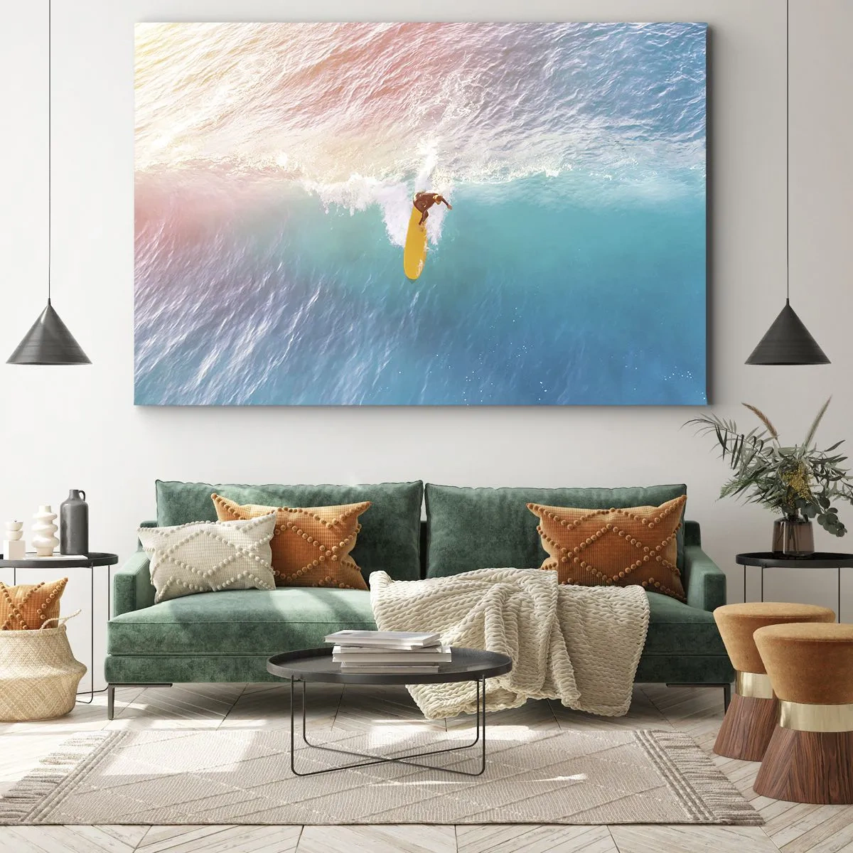 Bild auf Leinwand - Leinwandbild - Surfer auf einer Welle in Pastellfarben - 70x50cm - Der Ozeanreiter - Moderne Wanddekoration für Wohnzimmer und Schlafzimmer ARTTOR