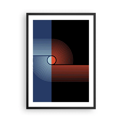 Poster in einem schwarzem Rahmen - Geometrische Komposition mit Linien in Marineblau und Orange. - 50x70cm - In einer geometrischen Umarmung - Moderne Wanddekoration für Wohnzimmer und Schlafzimmer ARTTOR