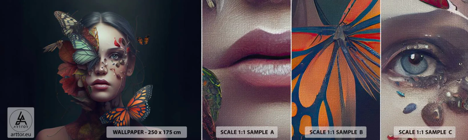 Fototapeten Muster Premium Canvas - Wunderbare Metamorphose - Schmetterlinge, Gesicht, Frau - 100x30 cm