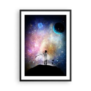 Poster in einem schwarzem Rahmen - Eine fantastische Weltraumszene mit der Silhouette einer Figur und einer Rose - 50x70cm - Kleiner Prinz - Moderne Wanddekoration für Wohnzimmer und Schlafzimmer ARTTOR