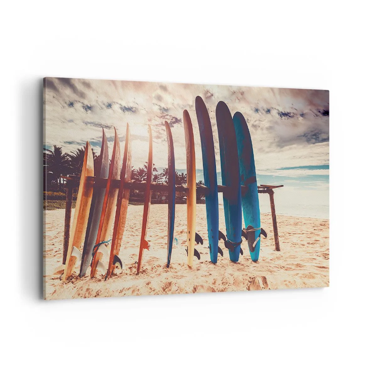 Bild auf Leinwand - Leinwandbild - Surfbretter am Strand bei Sonnenuntergang - 100x70cm - Gute Nacht bis morgen - Moderne Wanddekoration für Wohnzimmer und Schlafzimmer ARTTOR