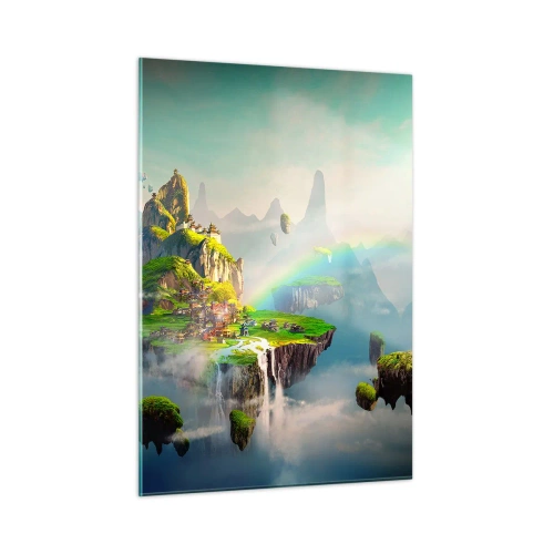 Glasbild - Bild auf glas - Fliegende Inseln in den Wolken mit Regenbögen und Wasserfällen - 50x70cm - Mitten am Himmel - glückliche Inseln - Moderne Wanddekoration für Wohnzimmer und Schlafzimmer ARTTOR