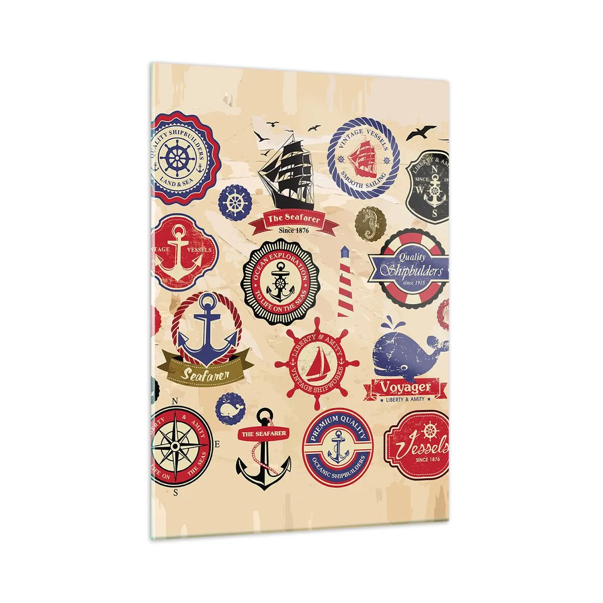 Glasbild - Bild auf glas - Nautische Embleme und Symbole auf beigem Hintergrund - 50x70cm - Segelbruderschaft - Moderne Wanddekoration für Wohnzimmer und Schlafzimmer ARTTOR