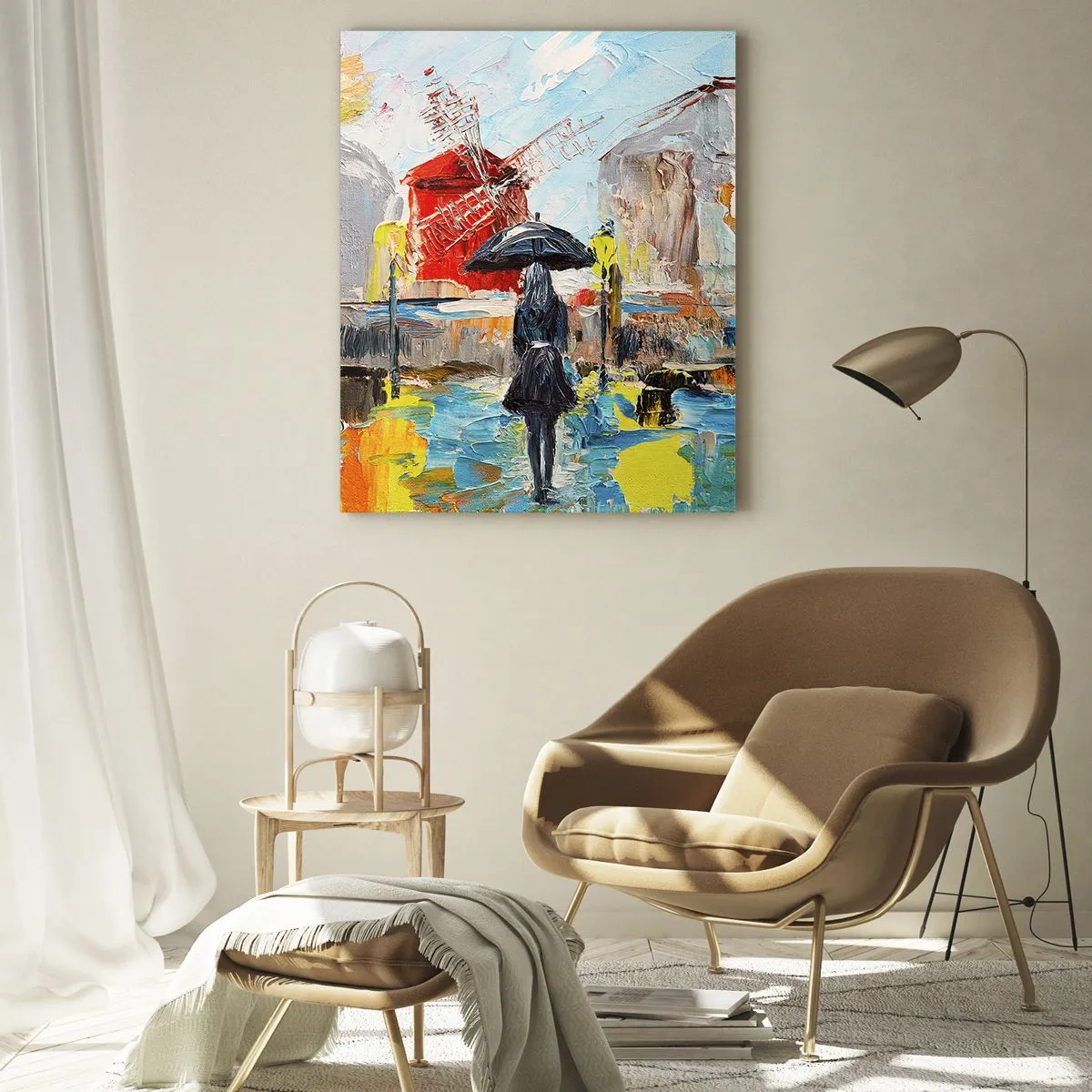 Glasbild - Bild auf glas - Eine Frau mit Regenschirm vor einer Stadtkulisse im Stil des Impressionismus - 50x70cm - Pariser Legenden - Moderne Wanddekoration für Wohnzimmer und Schlafzimmer ARTTOR