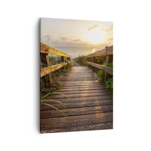 Bild auf Leinwand - Leinwandbild - Holzsteg zum Strand bei Sonnenuntergang - 50x70cm - Und direkt ans Ufer - Moderne Wanddekoration für Wohnzimmer und Schlafzimmer ARTTOR