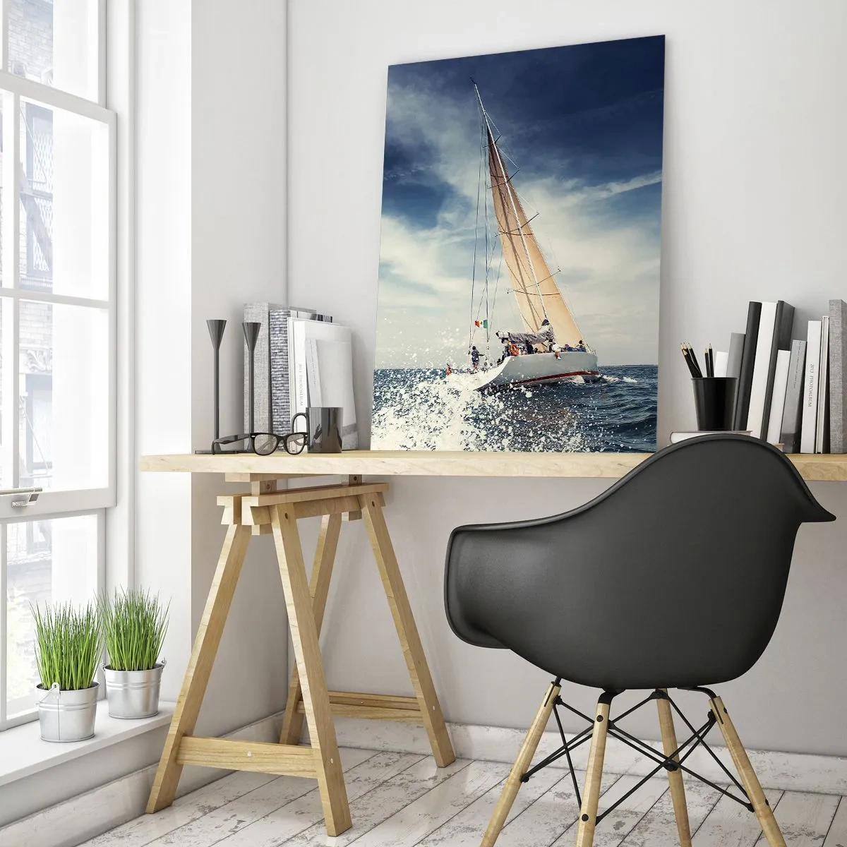 Glasbild - Bild auf glas - Ein Segelboot auf stürmischer See unter blauem Himmel - 80x120cm - Sie werden uns nicht einholen! - Moderne Wanddekoration für Wohnzimmer und Schlafzimmer ARTTOR