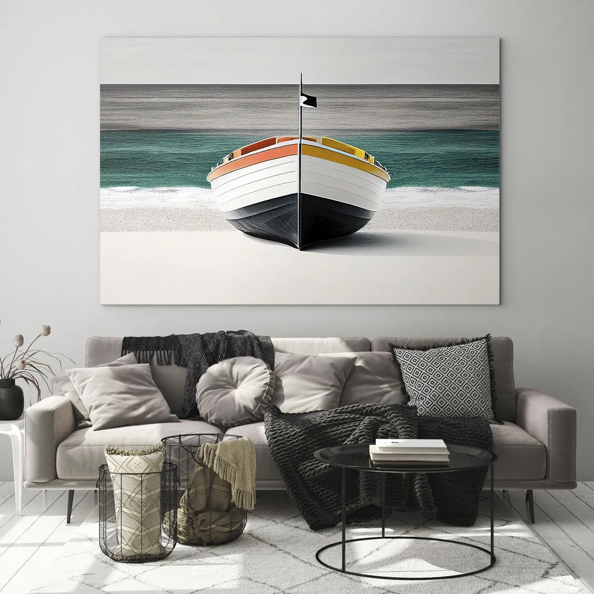 Glasbild - Bild auf glas - Ein buntes Boot am Strand mit türkisfarbenem Meer im Hintergrund - 100x70cm - An seinem Platz - Moderne Wanddekoration für Wohnzimmer und Schlafzimmer ARTTOR