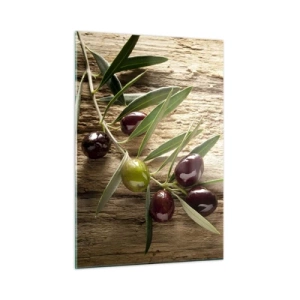 Glasbild - Bild auf glas - Olivenzweig auf einem hölzernen Hintergrund - 50x70cm - Direkt aus der Natur - Moderne Wanddekoration für Wohnzimmer und Schlafzimmer ARTTOR