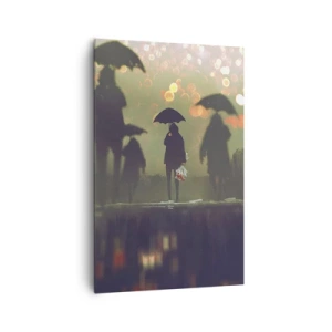 Bild auf Leinwand - Leinwandbild - Eine Figur mit einem Regenschirm an einem regnerischen Abend zwischen den Lichtern der Stadt - 80x120cm - Aus der Perspektive eines Regentropfens - Moderne Wanddekoration für Wohnzimmer und Schlafzimmer ARTTOR