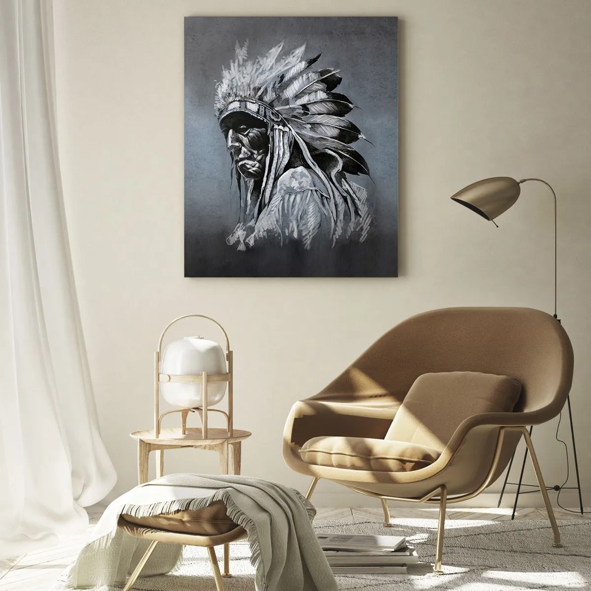 Glasbild - Bild auf glas - Porträt eines Mannes mit Federkopfschmuck vor dunkelgrauem Hintergrund - 50x70cm - Zurück zu den Wurzeln - Moderne Wanddekoration für Wohnzimmer und Schlafzimmer ARTTOR