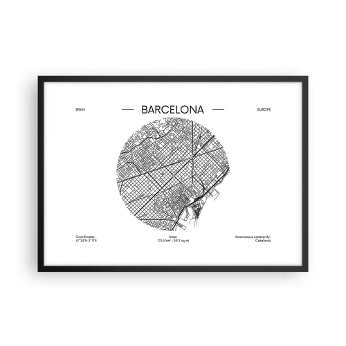 Poster in einem schwarzem Rahmen - Eine Karte von Barcelona im minimalistischen Schwarz-Weiß-Stil - 70x50cm - Anatomie von Barcelona - Moderne Wanddekoration für Wohnzimmer und Schlafzimmer ARTTOR