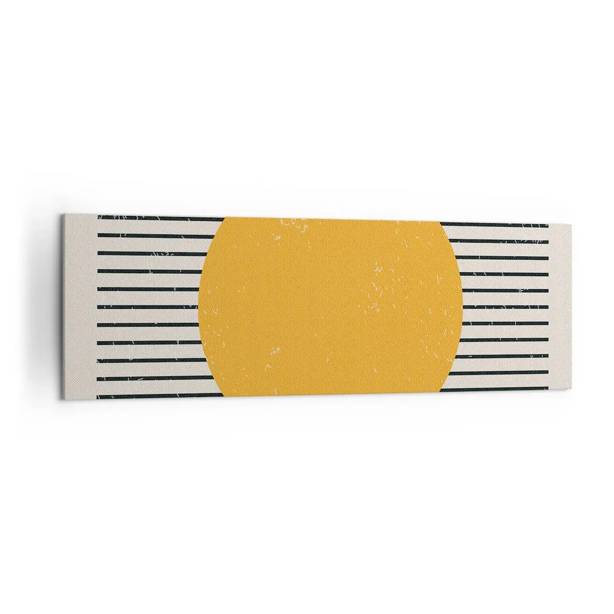 Bild auf Leinwand - Leinwandbild - Ein gelber Kreis auf einem Hintergrund aus schwarzen und weißen horizontalen Linien - 160x50cm - Die Kraft der Einfachheit - Moderne Wanddekoration für Wohnzimmer und Schlafzimmer ARTTOR