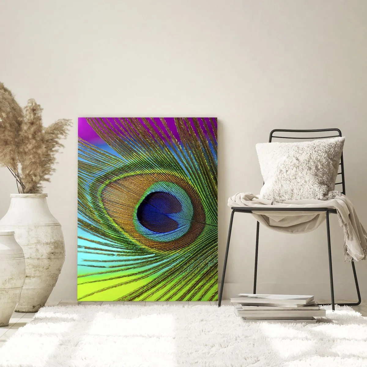 Glasbild - Bild auf glas - Nahaufnahme einer Pfauenfeder mit lebendigen Farben - 70x100cm - Auge in Auge - Moderne Wanddekoration für Wohnzimmer und Schlafzimmer ARTTOR