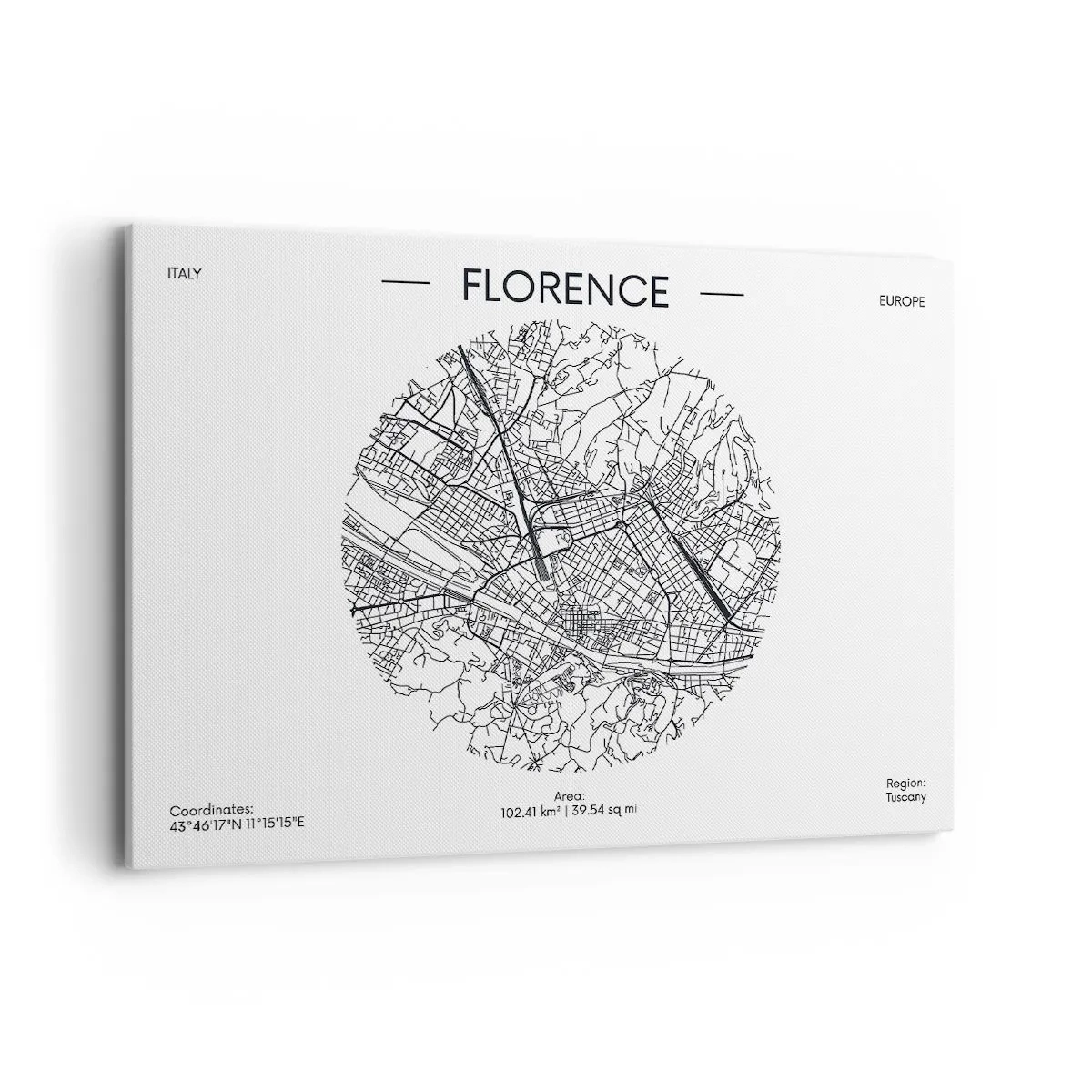 Bild auf Leinwand - Leinwandbild - Eine Karte von Florenz im minimalistischen Schwarz-Weiß-Stil - 100x70cm - Anatomie von Florenz - Moderne Wanddekoration für Wohnzimmer und Schlafzimmer ARTTOR