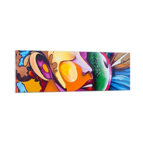 Glasbild - Bild auf glas - Eine farbenfrohe Abstraktion mit einem Gesichtsmotiv in einer dynamischen Komposition - 160x50cm - Mit Farbe berühren - Moderne Wanddekoration für Wohnzimmer und Schlafzimmer ARTTOR