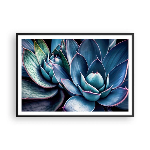 Poster in einem schwarzem Rahmen - Agave in Blau- und Grüntönen mit rosa Akzenten - 100x70cm - Lebenskraft - Moderne Wanddekoration für Wohnzimmer und Schlafzimmer ARTTOR