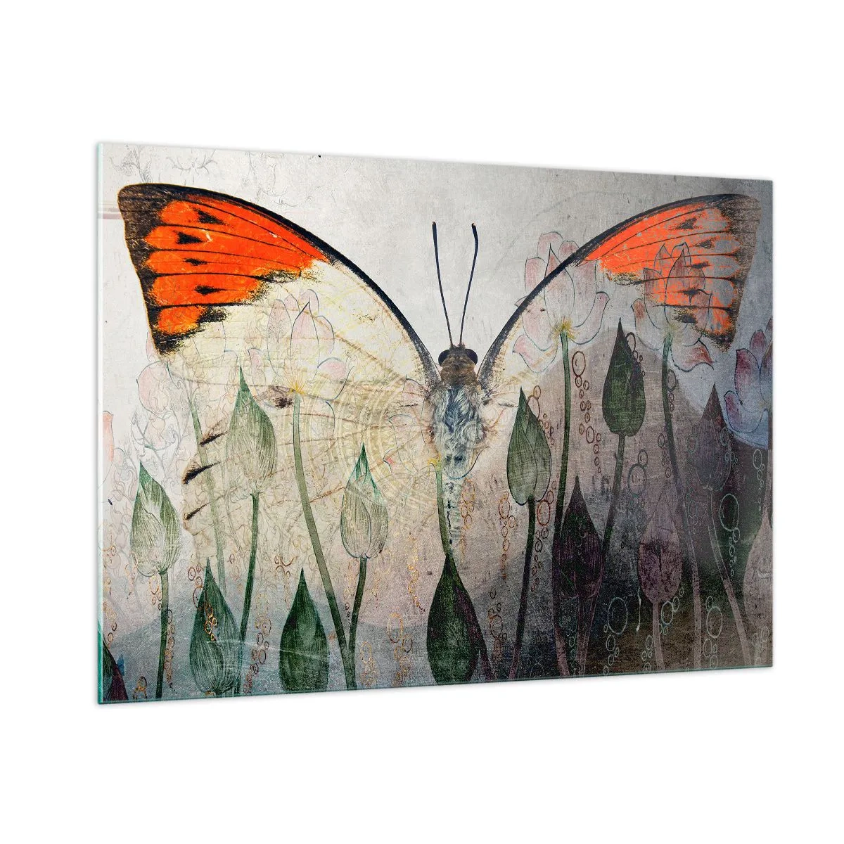 Glasbild - Bild auf glas - Ein kunstvoller Schmetterling, umgeben von zarten Blumen auf grauem Hintergrund. - 100x70cm - Wo schwingt der Schmetterling im Gras - Moderne Wanddekoration für Wohnzimmer und Schlafzimmer ARTTOR