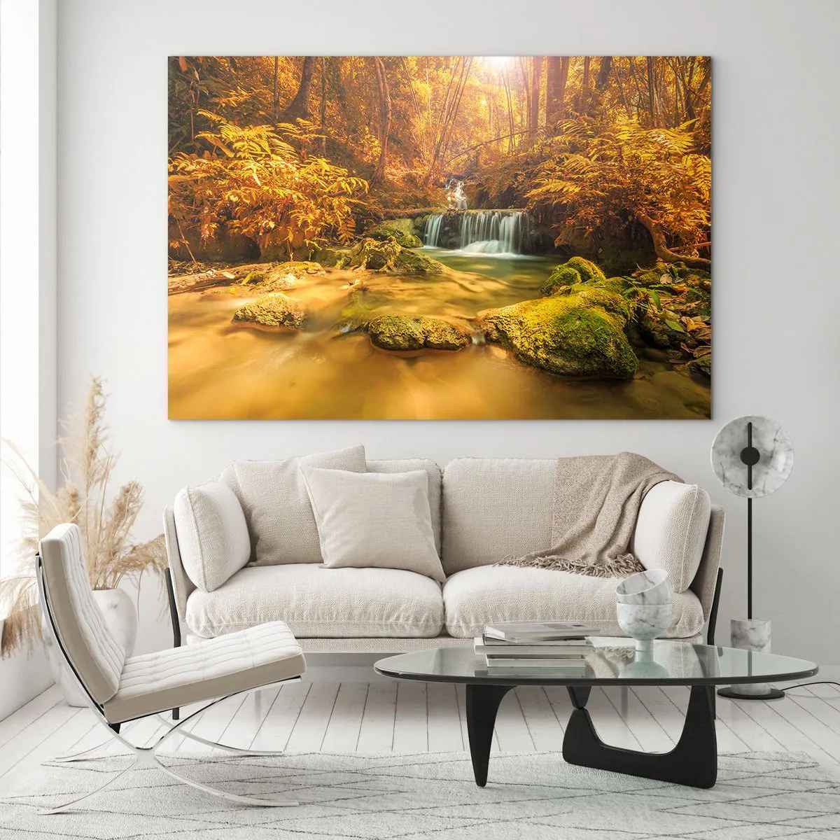 Glasbild - Bild auf glas - Waldkaskade in Gold - 100x70cm - Waldkaskade in Gold - Moderne Wanddekoration für Wohnzimmer und Schlafzimmer ARTTOR