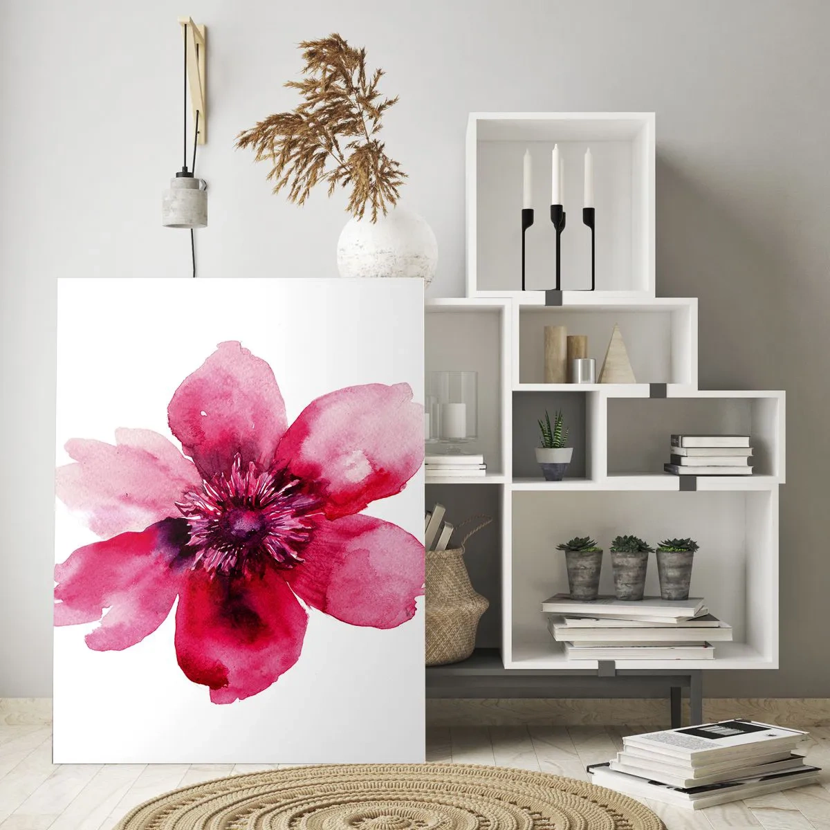 Glasbild - Bild auf glas - Rosa Blume im Aquarellstil auf weißem Hintergrund - 70x100cm - Ein nach Karmin duftender Kuss - Moderne Wanddekoration für Wohnzimmer und Schlafzimmer ARTTOR