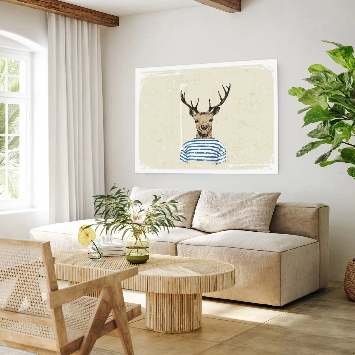 Poster - Ein Hirsch im gestreiften Hemd auf hellem Hintergrund mit zarter Textur - 100x70cm - Weil ich gestreifte T-Shirts mag! - Moderne Wanddekoration für Wohnzimmer und Schlafzimmer ARTTOR