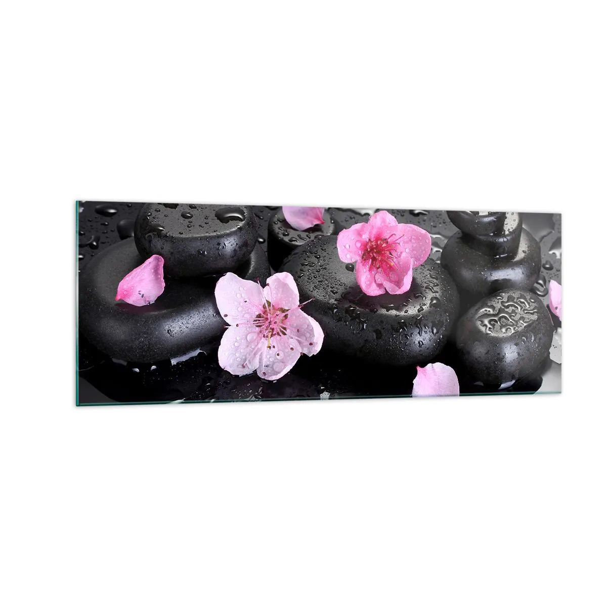 Glasbild - Bild auf glas - Schwarze Steine und rosa Blumen im Spa-Stil - 140x50cm - Und der Stein fällt vom Herzen - Moderne Wanddekoration für Wohnzimmer und Schlafzimmer ARTTOR