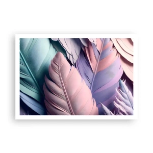Poster - Bunte Federn in Pastelltönen auf hellem Hintergrund - 100x70cm - Vogel-Chic - Moderne Wanddekoration für Wohnzimmer und Schlafzimmer ARTTOR