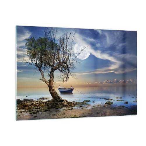 Glasbild - Bild auf glas - Ein einsames Boot neben einem Baum vor dem Hintergrund des Mondes - 120x80cm - Ist das das Ende oder der Anfang? - Moderne Wanddekoration für Wohnzimmer und Schlafzimmer ARTTOR