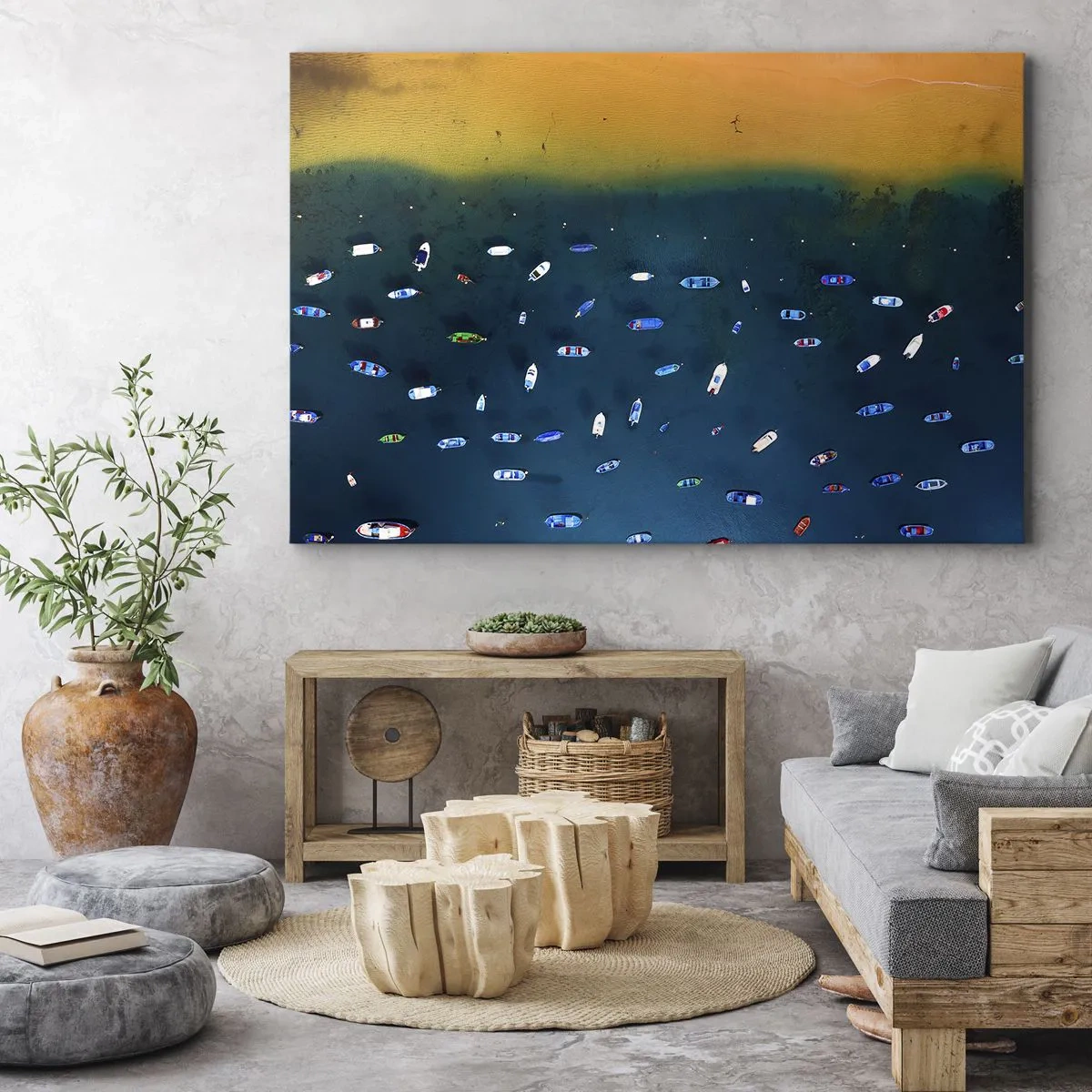 Bild auf Leinwand - Leinwandbild - Luftaufnahme von Booten auf dem Wasser und einem Sandstrand - 120x80cm - Feiertagsspiel - Moderne Wanddekoration für Wohnzimmer und Schlafzimmer ARTTOR