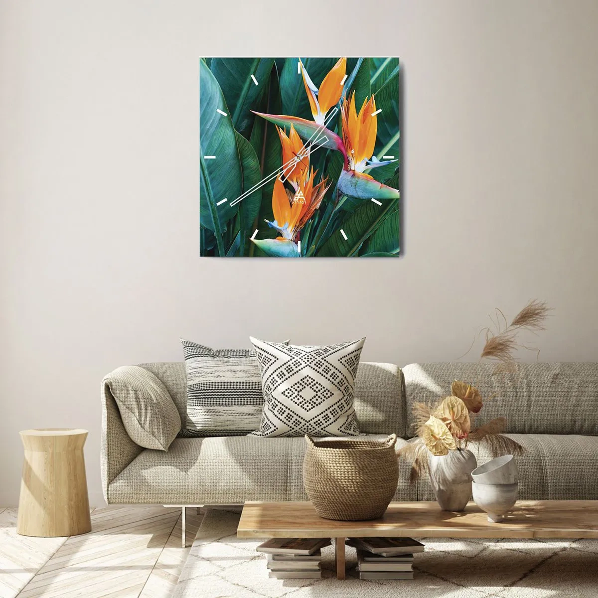Wanduhr - Glasuhr - Exotische Strelitzienblüten, umgeben von grünen Blättern - 30x30cm - Ist es eine Blume oder ist es ein Vogel? - Moderne Wanddekoration für Wohnzimmer und Schlafzimmer ARTTOR