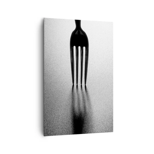 Bild auf Leinwand - Leinwandbild - Eine minimalistische Interpretation einer Gabel in Schwarzweiß mit Schattenspiel. - 80x120cm - Licht und Schatten - Moderne Wanddekoration für Wohnzimmer und Schlafzimmer ARTTOR