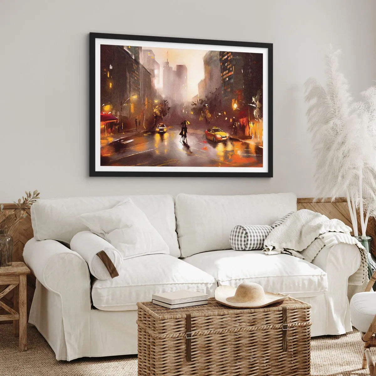 Poster in einem schwarzem Rahmen - Eine nächtliche Stadtszene im Licht der Straßenlaternen und Spiegelungen auf einer nassen Straße. - 100x70cm - Im Licht von New York - Moderne Wanddekoration für Wohnzimmer und Schlafzimmer ARTTOR