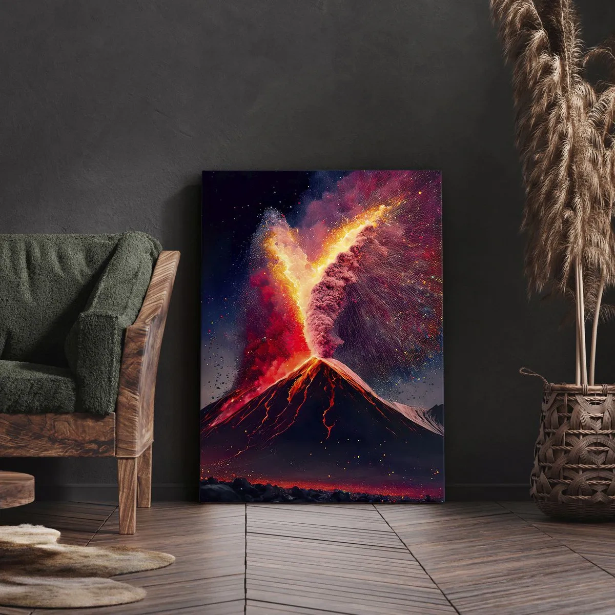 Bild auf Leinwand - Leinwandbild - Ein einzigartiger Vulkanausbruch bei Nacht mit dynamischen Farben. - 50x70cm - Schönheit und Horror - Moderne Wanddekoration für Wohnzimmer und Schlafzimmer ARTTOR
