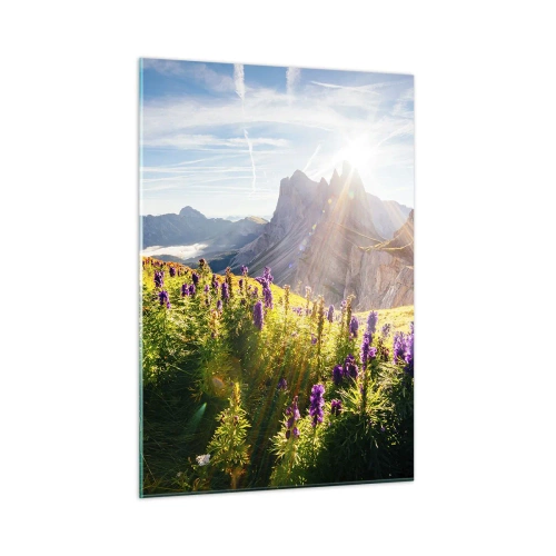 Glasbild - Bild auf glas - Eine Bergwiese voller Blumen vor der Kulisse felsiger Gipfel bei Sonnenaufgang - 50x70cm - Das geheime Leben der Kräuter - Moderne Wanddekoration für Wohnzimmer und Schlafzimmer ARTTOR