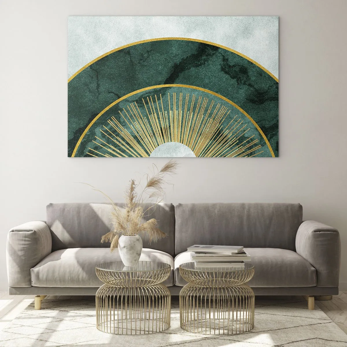Glasbild - Bild auf glas - Goldene Strahlen vor einem Hintergrund aus grünen Halbkreisen mit Marmorstruktur - 70x50cm - Anderes Sonnensystem - Moderne Wanddekoration für Wohnzimmer und Schlafzimmer ARTTOR