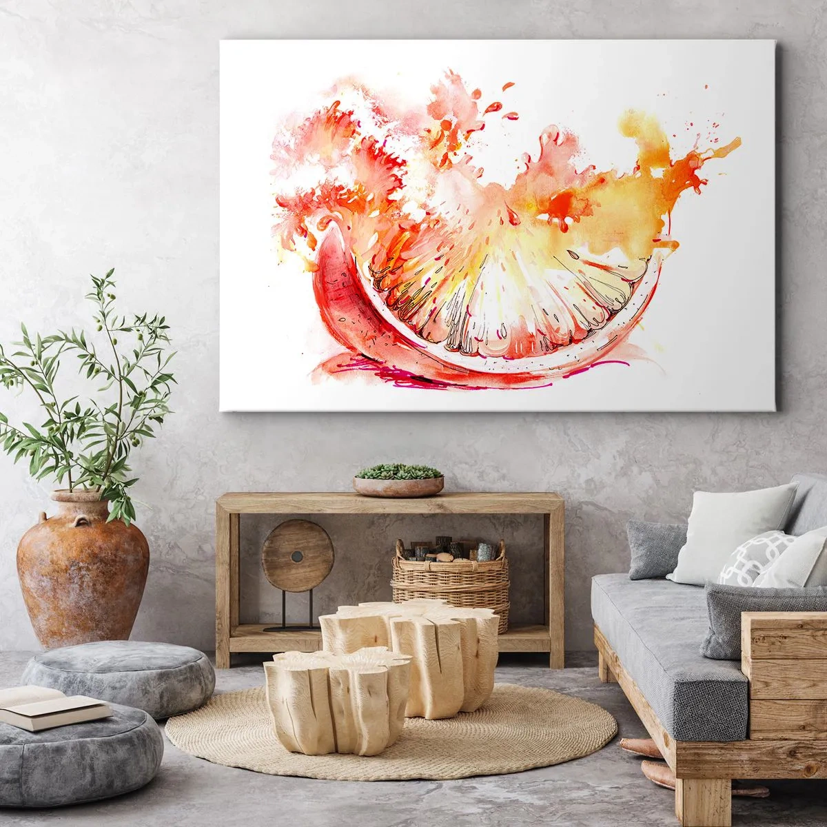 Bild auf Leinwand - Leinwandbild - Eine Aquarellscheibe Grapefruit in leuchtenden Farben - 70x50cm - Saftige Erfrischung - Moderne Wanddekoration für Wohnzimmer und Schlafzimmer ARTTOR
